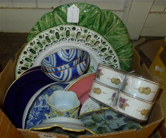 Caldas, Portugal, large circular cabbage leaf tureen stand & sundry ceramic tableware, Quimper etc